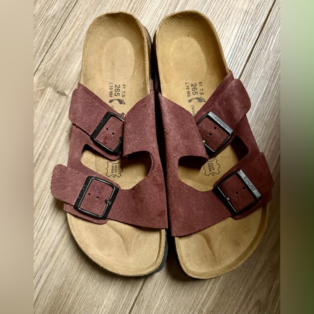 Betula Birkenstock Maroon Suede Sandals with Black Buckles